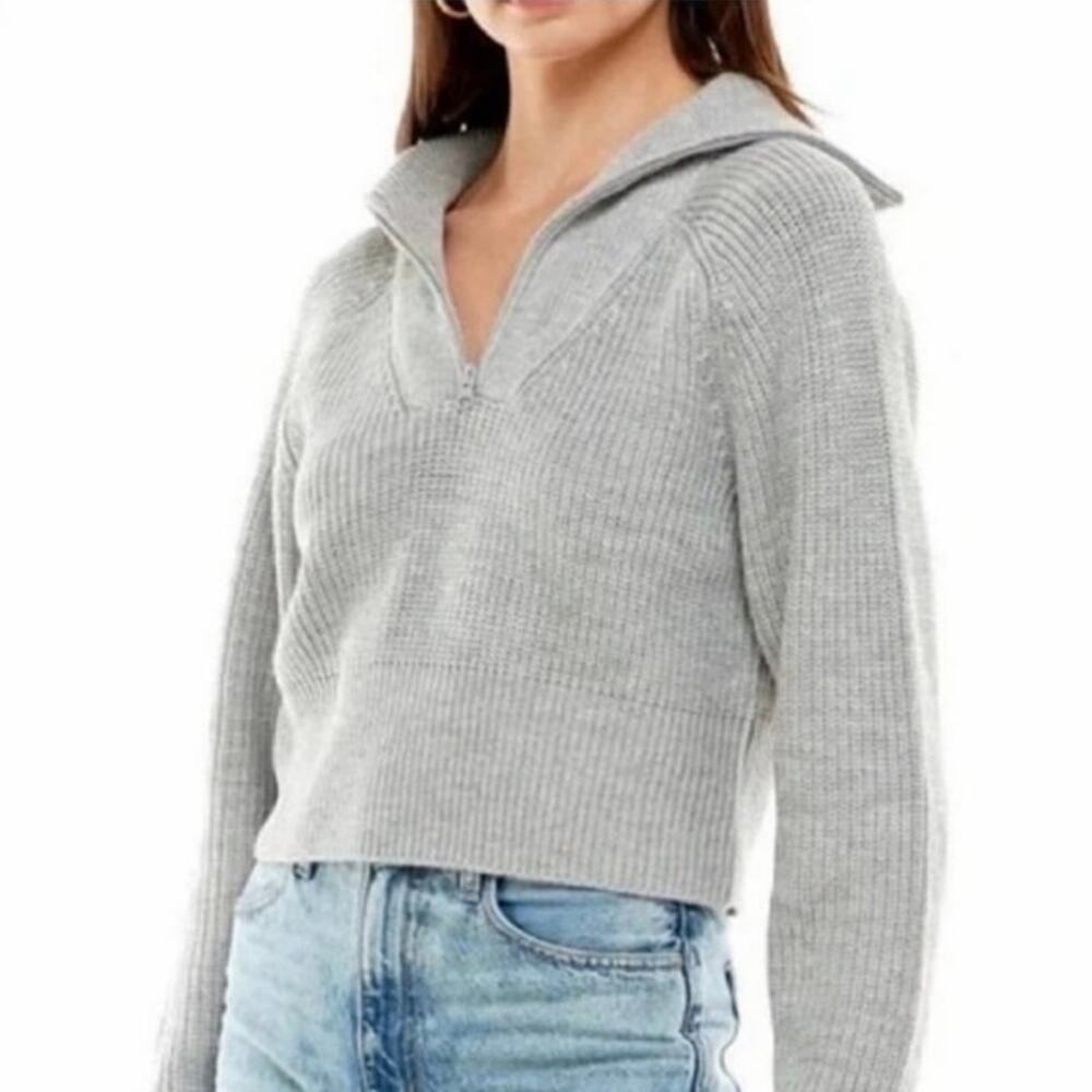 WAYF Nelle Half Zip Cropped Sweater Gray Ribbed Knit Women’s Size Small
